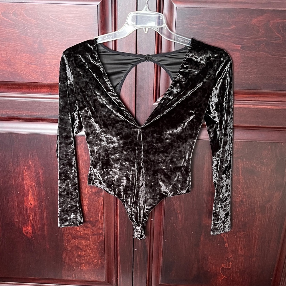 Victoria's Secret Black Crushed Velvet Deep V Long Sleeve Bodysuit